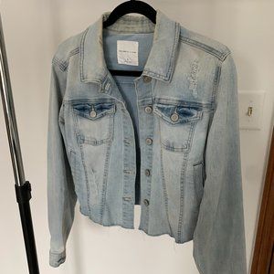 Cropped light wash distressed denim jacket